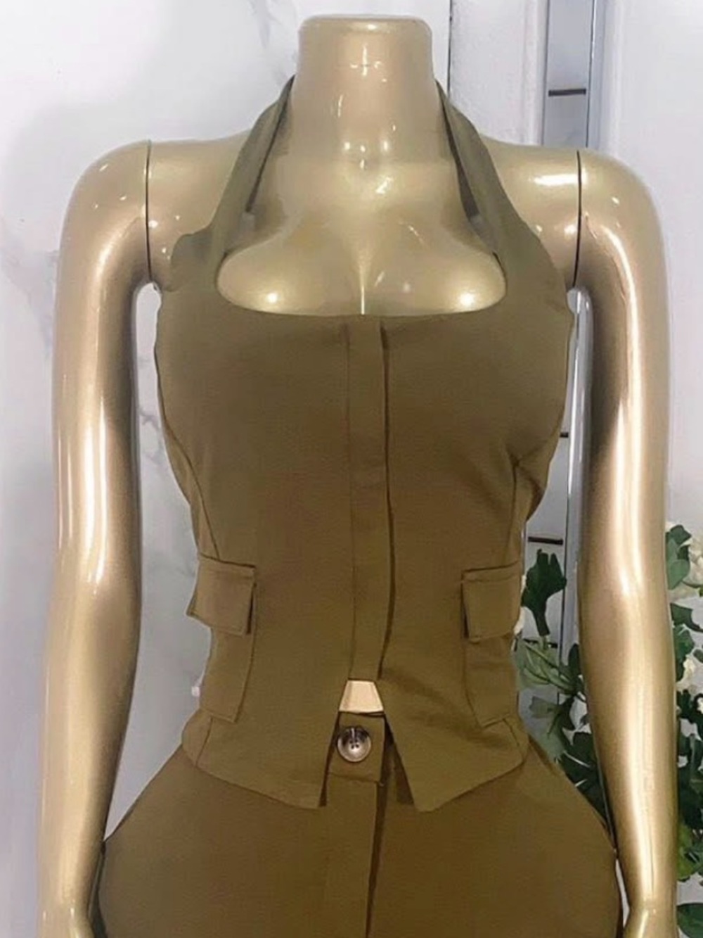 SLANE Olive Halter Sculpted Skinny Jumpsuit